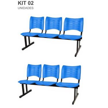 Imagem de Kit com 2 Cadeiras Longarina PLÁSTICA 03 Lugares Cor Azul Mastcmol