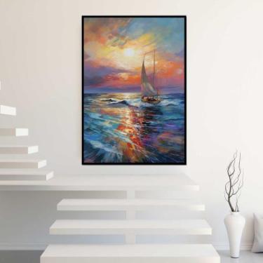 Imagem de Quadro com Moldura Pintura Mar Por do Sol Barco Vertical Decorativo Gr