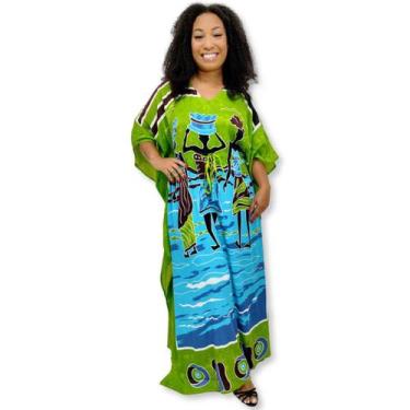 Imagem de Vestido Longo Indiano Kaftan Viscose Estampa Africana Plus - Sarat Mod