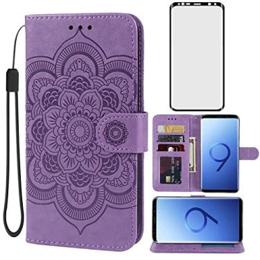Imagem de Bohefo Capa carteira para Galaxy S9 Plus/Samsung S9+ G965U com protetor de tela de vidro temperado, capa flip de couro mandala em relevo com suporte para cartão de crédito para Samsung Galaxy S9 +