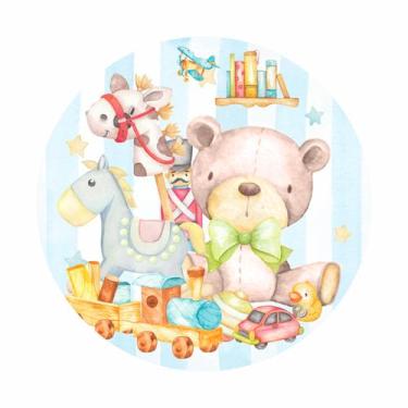 Imagem de Painel de Lona Redondo Brinquedos Aquarela Ursinho e Carrinhos Fundo l