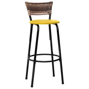 Imagem de Banqueta Alta Para Balcão de Cozinha em Junco Cappuccino Estrutura Preta Assento Amarelo Altura 70cm Para Bar, Bistrô, Americano - Itagold