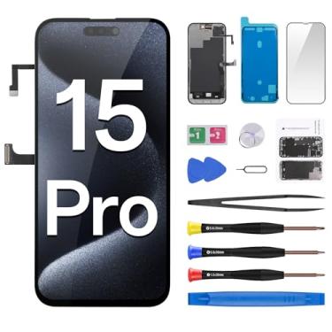 Imagem de CYKJGS Substituição de tela para iPhone 15 Pro com cabo flexível para alto-falante de ouvido 15.5 cm, tela LCD sensível ao toque, digitalizador, montagem completa, reparo de vidro frontal, kit de