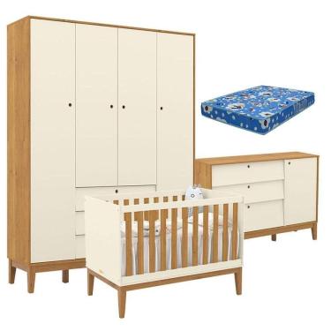 Imagem de Quarto de Bebe Unique 4 Portas com Cômoda Sapateira Off White Freijó Eco Wood e Colchão Ortobom - Matic