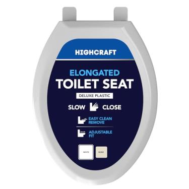 Imagem de HIGHCRAFT Assento sanitário alongado premium com design de fechamento lento, dobradiças ajustáveis e mecanismo de remoção rápida - assento de vaso sanitário de plástico - serve para vasos sanitários