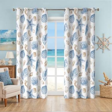 Imagem de Cortinas de praia costeiras 246 cm de comprimento para sala de estar e quarto, cortinas decorativas náuticas com tema de estrela do mar com ilhós, 50% bloqueio de luz, conjunto de 2 painéis, 2 painéis