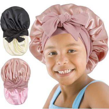 Imagem de SAYMRE 2 peças de gorro infantil para meninas touca de cetim de seda de camada dupla para dormir para crianças cabelo natural cacheado 3-12 anos (rosa e preto)