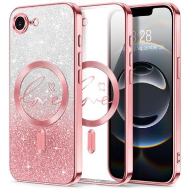 Imagem de Hython Capa para iPhone 16e com glitter, compatível com MagSafe Love Heart Magnetic Clear Phone Cases para mulheres e meninas, proteção total da câmera, revestimento brilhante à prova de choque, rosa
