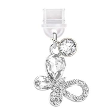 Imagem de ELISE & FONDA TP769 Tipo-C porta de carregamento antipoeira pequeno pingente de telefone borboleta de cristal para iPhone 15/16/Samsung/OnePlus/Xiaomi/oppo telefones Android (branco)