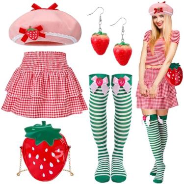 Imagem de Breathffy Conjunto de 5 peças de fantasia feminina de morango e limão com saia, chapéu, brincos, bolsa, meias para festa cosplay (rosa, verde, morango)