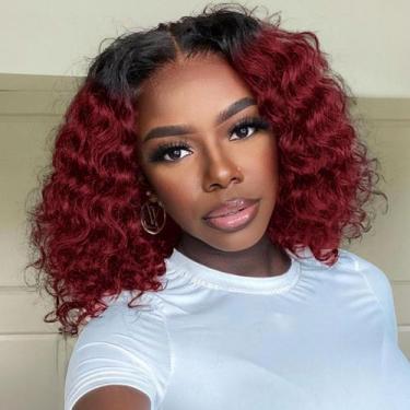 Imagem de Peruca HIRIREMY Ombre 99J Burgundy Deep Wave BOB 30cm de cabelo humano