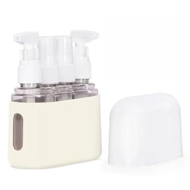 Imagem de Kit 4 Frascos para Viagem Com Case – Frascos Portáteis Reutilizáveis para Shampoo, Cremes e Cosméticos – Mini Potes para Mala de Mão e Avião - acompanha Case de Silicone com Tampa (Bege)