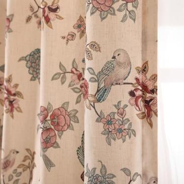 Imagem de patdrea Cortinas de linho vintage francesas com pássaros florais, conjunto de 2 painéis de 2 painéis com ilhós, cortinas de banheiro estampadas adequadas para cozinha, sala de estar, quarto, 134 x 180