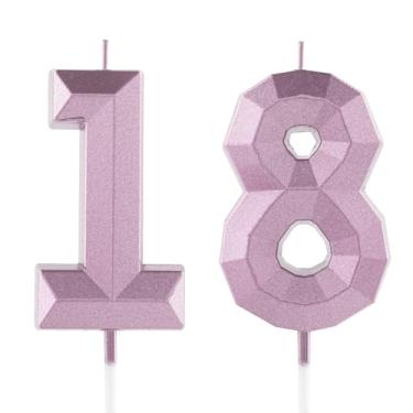 Imagem de Vela de aniversário de 18 anos, rosa, número 18, velas, design 3D, enfeite de bolo, decoração de feliz aniversário, para mulheres, homens, casamento, aniversário, celebrações, artigos de festa