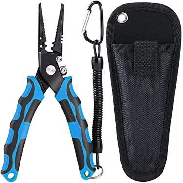 Imagem de Sougayilang Alicate de pesca, ferramentas de pesca de aço inoxidável 420, equipamento de pesca resistente à água salgada com alça de borracha, bainha e cordão, cortadores de carboneto de tungstênio