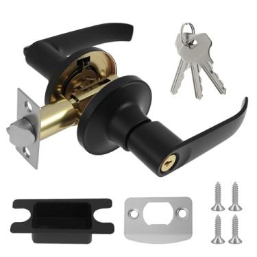 Imagem de Maçaneta de porta preta fosca com fechadura, maçaneta de porta de passagem com 3 chaves para hall e armário, maçanetas universais. Puxadores internos para portas com puxador direito (preto)