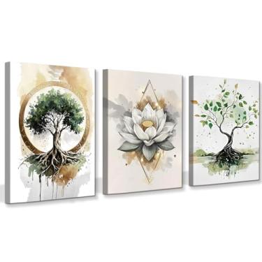 Imagem de 3 peças de impressão em tela de arte de parede árvore da vida, flor de lótus, arte emoldurada, zen, pôsteres modernos para banheiro, estética, quarto, sala de estar, decoração de parede 30,5 x 40,6 cm