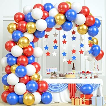 Imagem de Kit de arco de guirlanda de balão vermelho branco azul dourado super-herói decorações de festa 4 de julho balão de látex para festa náutica beisebol crianças aniversário chá de bebê, com faixa de