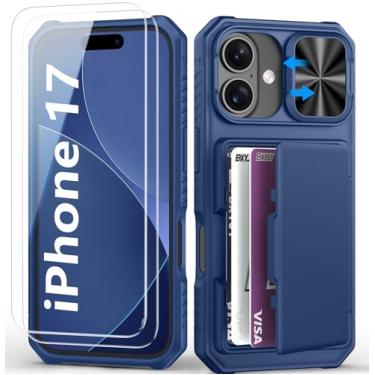 Imagem de BXYJY Capa carteira para iPhone 17 com protetor de tela (vidro temperado), capa deslizante para câmera, queda de grau militar, porta-cartão (4 a 5 cartões), capa de telefone resistente masculina e