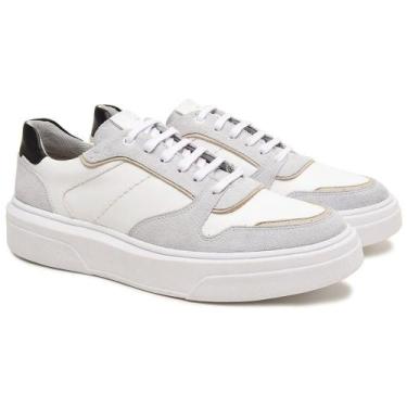 Imagem de Tênis Branco Casual Masculino Sapatenis Couro Legítimo Sola Baixa Bran