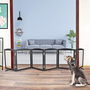 Imagem de ZJSF Cerca interna independente para cães, portão dobrável para portas, escadas ou corredores, portão extra largo de madeira resistente para animais de estimação com pés de suporte para casa, preto