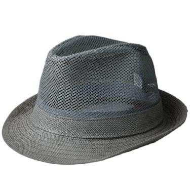 Imagem de Chapéu de sol masculino verão ao ar livre viagem chapéu de sol malha confortável respirável frisado chapéu panamá cinza M 56-58 cm