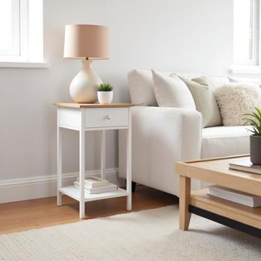 Imagem de Mesa lateral – Mesa de cabeceira pequena com gaveta e prateleira de armazenamento aberta – Mobiliário de quarto ou sala de estar de estilo tradicional – Use como mesa de cabeceira ou mesa de canto da