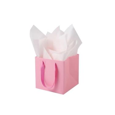 Imagem de LFCXHTY Pacote com 10 sacos quadrados de presente com papel de seda sólido rosa médio sacos de presente com alças para lembrancinhas de festa (25 x 25 x 25 cm, rosa)