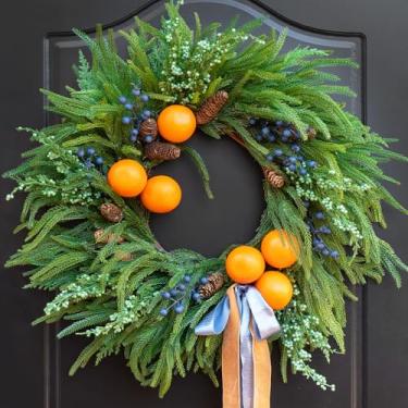 Imagem de Guirlanda de pinheiro Norfolk com toque real de 61 cm para porta da frente com laranjas falsas, pinhas e fita decorativa, decoração rústica de Natal para casa de fazenda