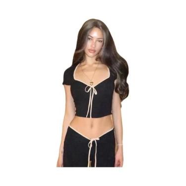 Imagem de Camiseta Cropped Preta Com Decote Baixo E Laço, Estilo Y2K, Camisetas 
