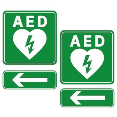 Imagem de 4 peças de adesivos de sinal AED, à prova d'água, durável, desfibrilador externo, etiqueta interna com flechas, acessórios de emergência para armário de parede, casa e caixa (verde)