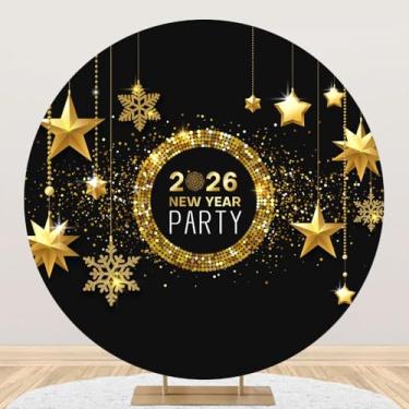 Imagem de DORCEV 2,2 x 2,2 m preto e dourado feliz ano novo 2026 capa de fundo redondo de festa de ano novo 2026 Feliz Natal véspera de ano novo foto fundo disco carnaval festival decoração festa