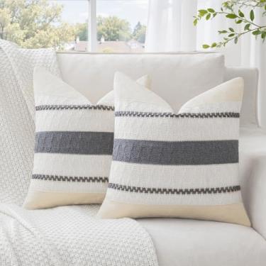 Imagem de Alsoo Conjunto de 2 capas de almofada Boho 50 x 50 cm, capa de almofada decorativa cinza com detalhes quadrados para sofá, sala de estar, casa de fazenda, moderna, neutra boêmia rústica decoração de