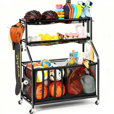 Imagem de Kinghouse Organizador de equipamentos esportivos para garagem, rack de basquete de aço com suporte de taco de beisebol e ganchos, armazenamento fácil de montar para bolas