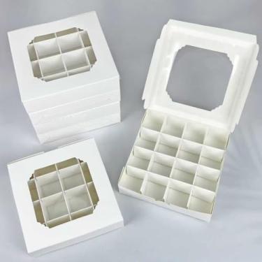 Imagem de Conjunto de 6 caixas de presente com janela branca com inserções, 16 compartimentos transparentes para chocolates, doces e padaria, montagem rápida