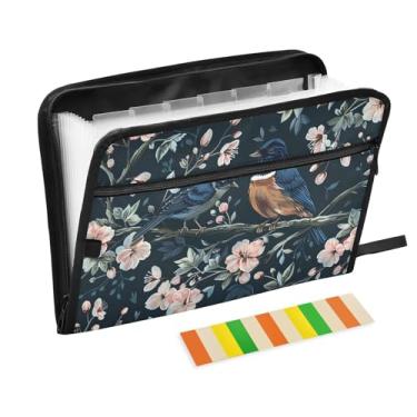 Imagem de CEBUGI Pasta expansível de 13 bolsos, impermeável, sanfonada, organizador de arquivos com etiquetas tamanho A4, organizador de documentos de papel para escola, material de escritório, pássaro, flor