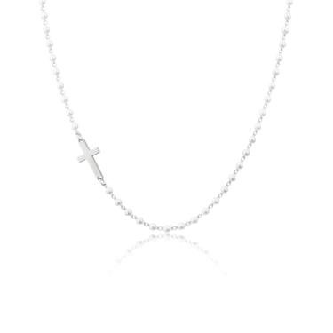 Imagem de Moodear Colar de cruz para mulheres – Pingente de cruz delicado moderno banhado a ouro 14 K, colar de pérola lateral, para mulheres, joias religiosas, não mancha, presentes, Latão, Sem Pedra Preciosa