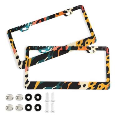 Imagem de CEBUGI Pacote com 2 molduras de placa de carro de alumínio capas de moldura de placa de carro com 2 furos padrão leopardo acessórios automotivos para placas dianteiras e traseiras orifício elíptico