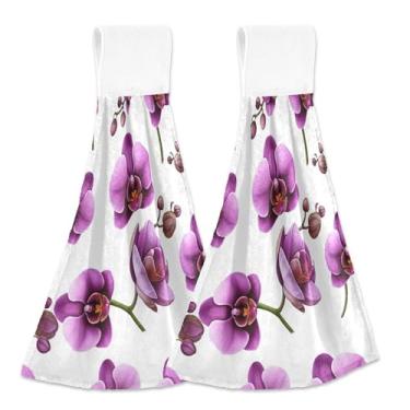 Imagem de Toalhas de mão brancas personalizadas com flores de orquídea roxas para forno de cozinha, conjunto de 2 toalhas de mão de cozinha fofas e absorventes macias, 45 x 35 cm