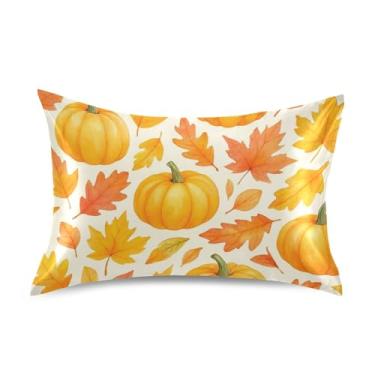 Imagem de Abóboras Folhas de Outono Laranja Cetim Fronhas Impressão Refrescante King Queen Capas de Travesseiro Padrão Capa Personalizada Queen Size 76.2 cm x 50.8 cm