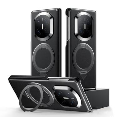 Imagem de POYUFRG Capa magnética para Huawei Mate X7, capa de couro genuíno de negócios de luxo com suporte de anel de metal e capa de proteção de dobradiça, preta, Mate X7