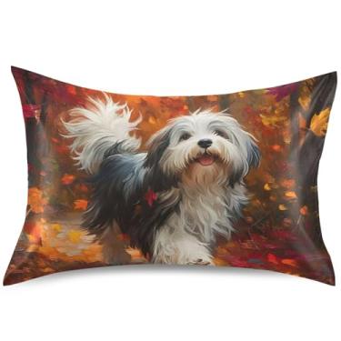 Imagem de Capa de almofada fofa de cetim com folha de bordo de cãozinho padrão king queen capa de travesseiro refrescante fofa almofada de cama macia confortável, tamanho padrão, 66 cm x 50 cm