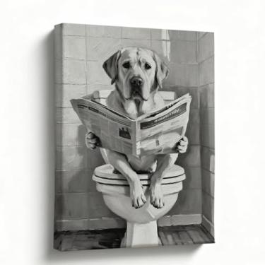Imagem de Arte engraçada de parede de banheiro de cachorro, impressão em tela de labrador, imagem de animal de estimação preto e branco, decoração de banheiro de fazenda, pronto para pendurar, exibição de mesa
