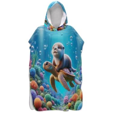 Imagem de Joisal Roupão leve para trocador de poncho de surfe para adultos toalhas de banho com capuz tartaruga marinha lontra poncho masculino subaquático com capuz