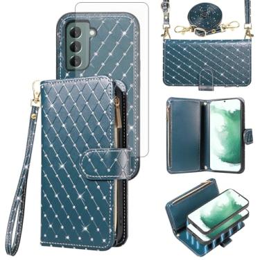 Imagem de Capa carteira compatível com Samsung Galaxy S22 5G com zíper e protetor de tela de vidro temperado alça transversal flip flip porta-cartões capa para celular S 22 22S 4G G5 15.5 cm feminino verde