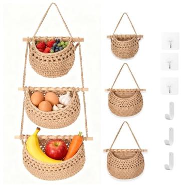 Imagem de Cesta de pendurar na parede de 3 camadas – Organizador de armazenamento de algodão para cozinha, banheiro, porta | decoração boho, estilo macramê, marrom, economia de espaço sobre a porta