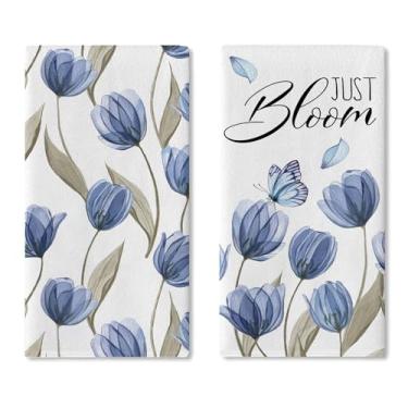 Imagem de Croar Conjunto de 2 toalhas de prato de cozinha flor tulipa azul primavera flor florida cottagecore toalha de mão secagem pano de cozimento, verão botânico banheiro decoração de casa 45,7 cm x 66 cm
