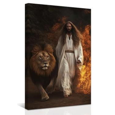 Imagem de QIXIANG Quadro cristão decoração de parede Jesus e leão impressões em tela Cristo fé arte de parede Jesus Cristo pintura decoração de igreja emoldurada (30,5 cm x 45,7 cm)