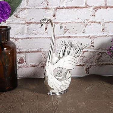 Imagem de Phefop Conjunto de Colher de café Com Suporte de Base de Cisne, Colheres de Sobremesa Talheres de Sobremesa de Frutas Suporte de Base de Cisne Organizador de Colher Com 6 Colheres de Sorvete de