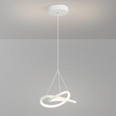 Imagem de Luminária pendente linear torcida, com faixa de metal branco e cúpula de silicone, lustre LED moderno, luminárias suspensas geométricas para sala de jantar, luminárias pendentes minimalistas